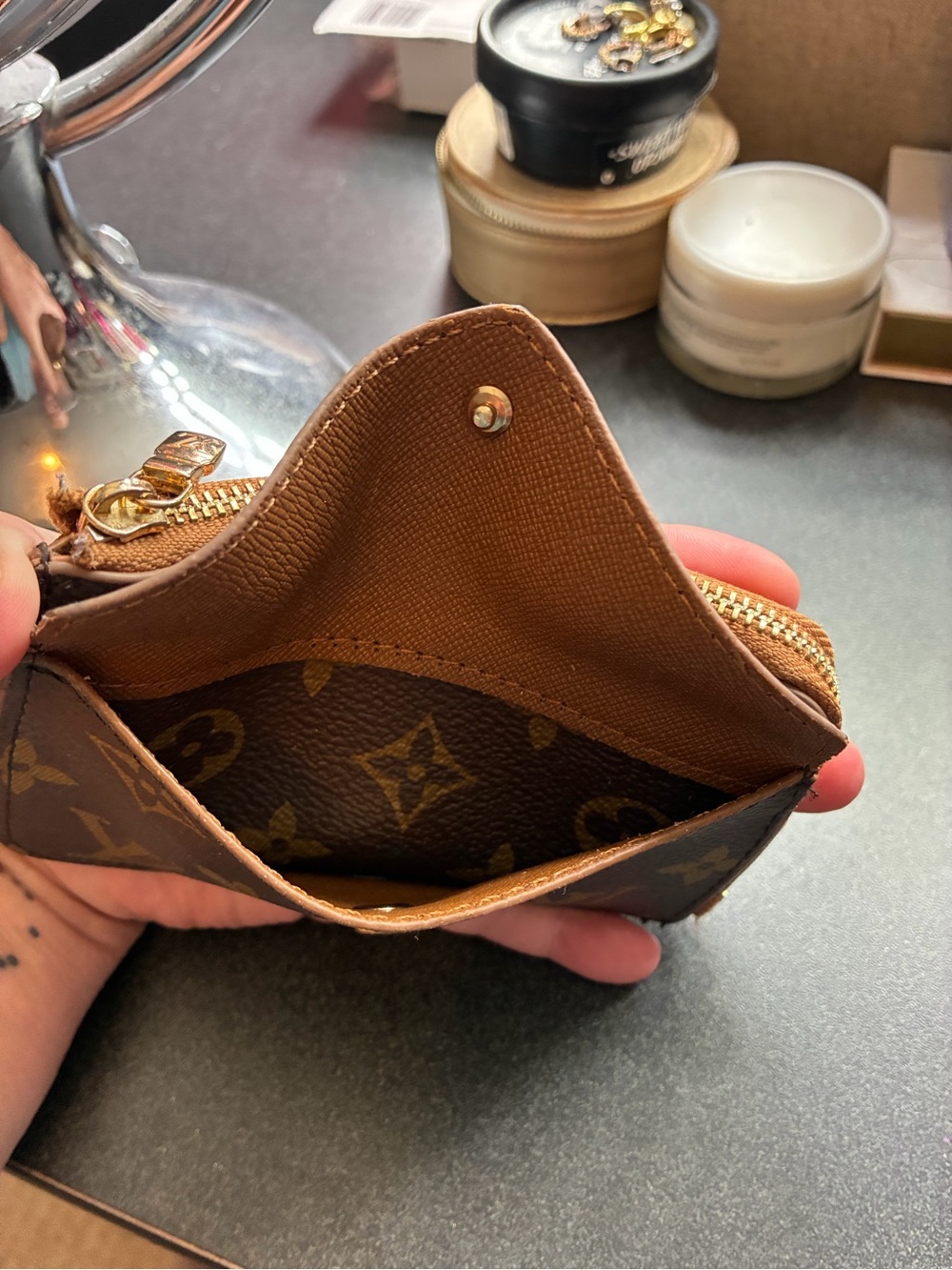 Louis Vuitton Monogram Canvas Brown & Tan Key Card Holder with Gold Chain - Picture 5 of 6